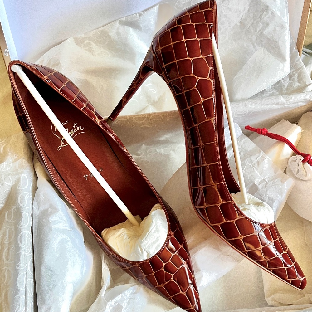 Christian Louboutin Croc-Embossed Heels in Rich Brown